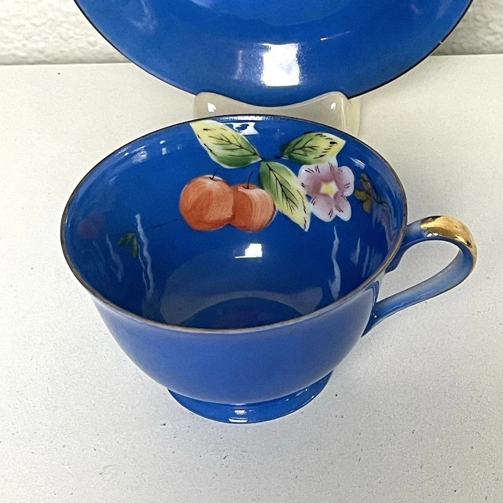 Vintage Occupied Japan Hand Painted Fruit Porcelain Teacup Saucer Gold Gilt